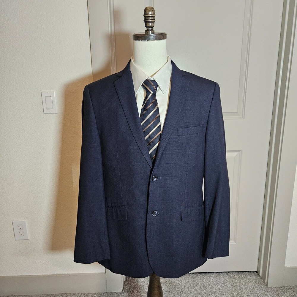 Marc Ecko Men's Suit Blazer Sport Coat 40R Navy Blue Plaid 2 Button Casual